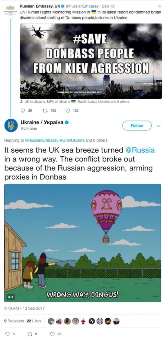 Спор аккаунтов @Украины и @России в Твиттере