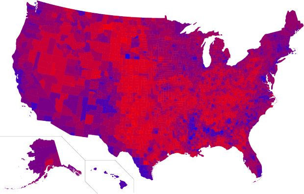 Результати голосування на виборах президента США. Що яскравіше червоний або синій колір – то більший відрив Трампа й Клінтон відповідно.