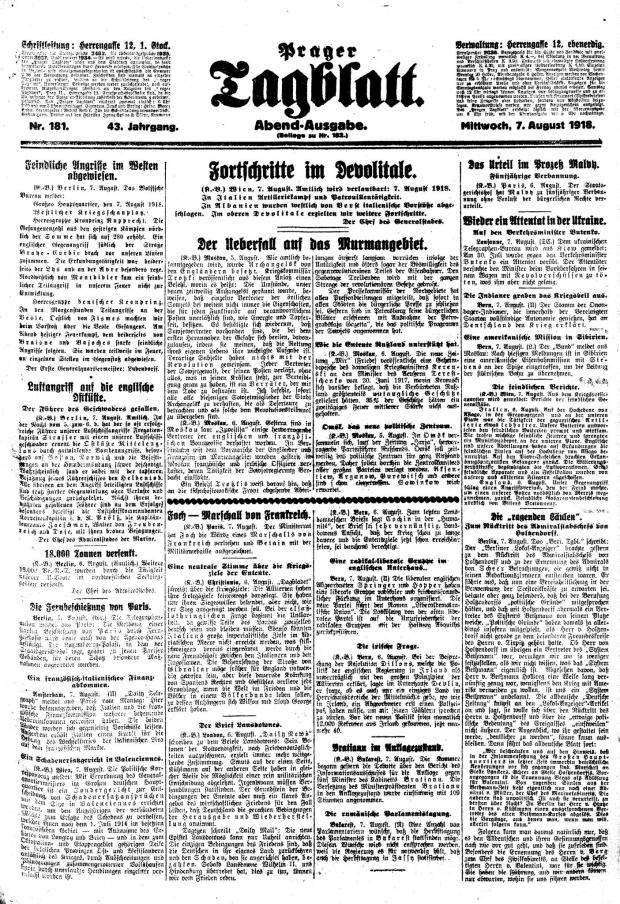 Газета Prager Tagblatt за 7 серпня 1918 року з повідомленням про замах на Бутенка