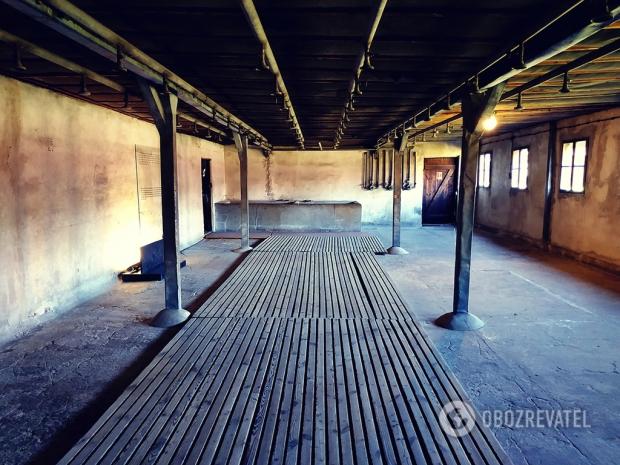 Душовий зал, у якому мили і голили чоловіків. Всього за роки роботи Майданека з табору було вивезено на переробку понад 730 кг волосся в'язнів