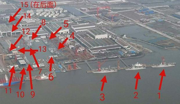 15 китайських есмінців проектів 052D та 055 в добудові на верфі Jiangnan Shipyard в Шанхаї. Лютий 2019 року
