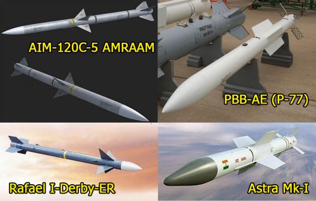 Ракети «повітря-повітря» середньої дальності - американська Raytheon AIM-120C-5 AMRAAM, російська «Вимпел» Р-73/РВВ-АЕ, ізраїльська Rafael I-Derby-ER та індійська Bharat Dynamics Astra MK-1