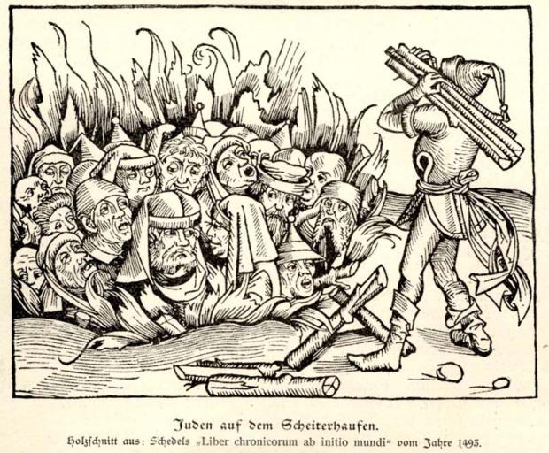 Гравюра, изображающая сожжение евреев-чумоносцев. Хартман Шедель "Liber chronicorum ab initio mundi", 1493