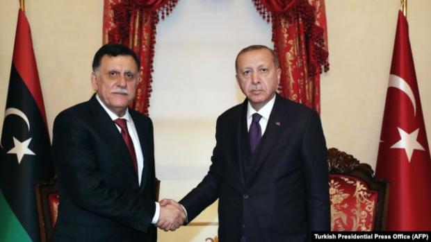 Голова УНЗ Фаіз Сарадж (ліворуч) в Анкарі в гостях у президента Туреччини Реджепа Ердогана. 15 грудня 2019 року