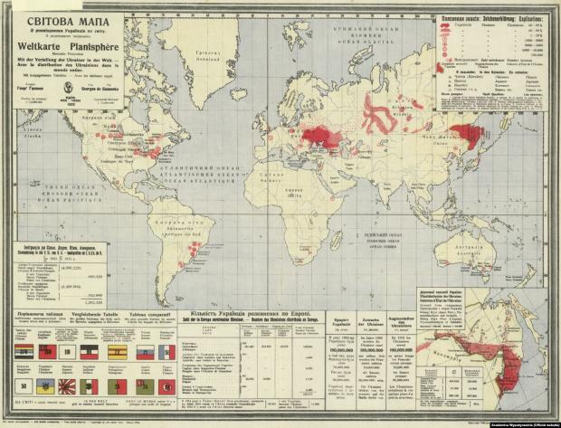 Карта «Світова мапа з розміщенням Українців по світу» Юрія Гасенка, видана в 1920 році у Відні. (Щоб відкрити мапу у більшому форматі, натисніть на зображення. Відкриється у новому вікні)