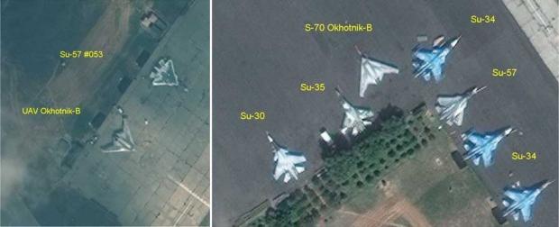 Шеренга із літаків Су-57, Су-30СМ, Су-34 й Су-35С, і також БПЛА С-70 "Охотник" на аеродромі 929-го Державного льотно-випробувального центру Міноборони РФ в Ахтубінську